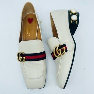 GUCCI Peyton Pearl GG Embellished Web White Cream Leather low heel loafers 37.5